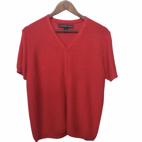 Josephine Chaus Women Red Knit Top Size L‎ Short Sleeve Button V-Neck Collarless - Picture 1 of 9